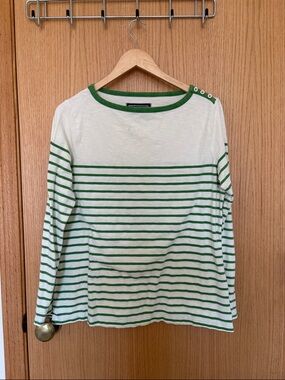 Boden Breton White Tee with Green Trim and Stripes